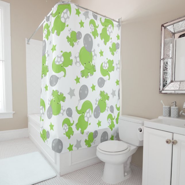 Rideaux De Douche Pattern of Green Elephants, Cute Elephants, stars (En situation)