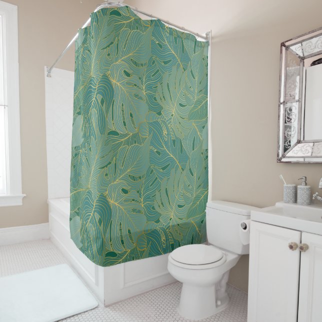 Rideaux De Douche Paume vert et or feuille motif (En situation)