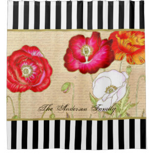 Rideaux De Douche Pavots rouges vintages de rayures modernes floraux