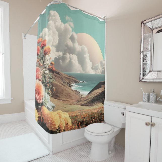 Rideaux De Douche Paysage côtier surréaliste avec fleurs et nuages (En situation)
