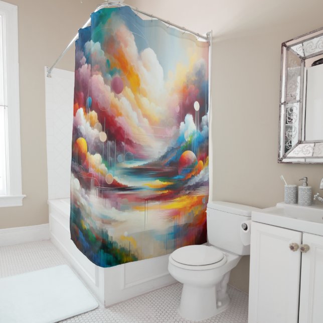 Rideaux De Douche Paysage d'art Abstrait moderne Rouge Bleu Vert (En situation)