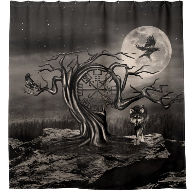 Rideaux De Douche Paysage de la lune d'arbre végétal - sépia (Devant)