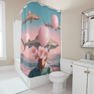 Rideaux De Douche Paysage de rêve surréaliste avec des requins et de