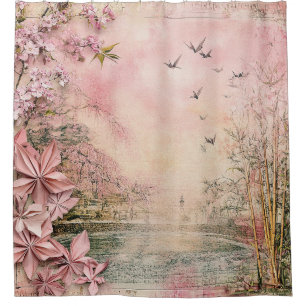 Rideaux De Douche Paysage de sérénité aux cerisiers en fleurs roses 
