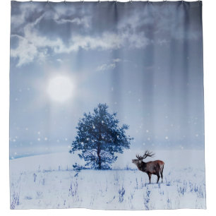 Rideaux De Douche Paysage d'hiver de couleur bleue. Arbre solitaire 