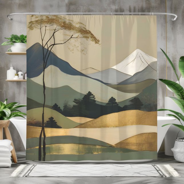 Rideaux De Douche Paysage Japandi Gold & Green Mountain (Créateur téléchargé)