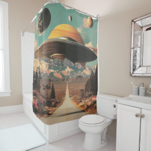 Rideaux De Douche Paysage surréaliste avec route, OVNI et Saturne 