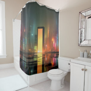 Rideaux De Douche Paysage urbain futuriste avec reflets néon