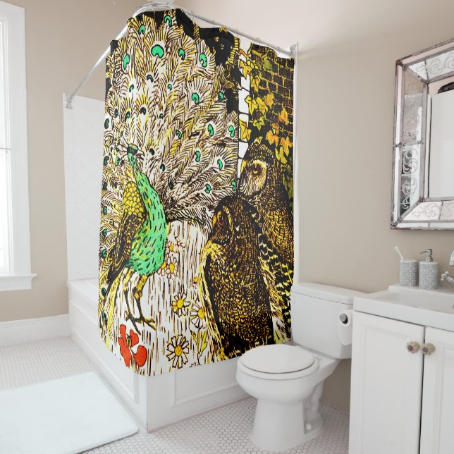 Rideaux De Douche Peacock et Owls Art nouveau néerlandais (En situation)