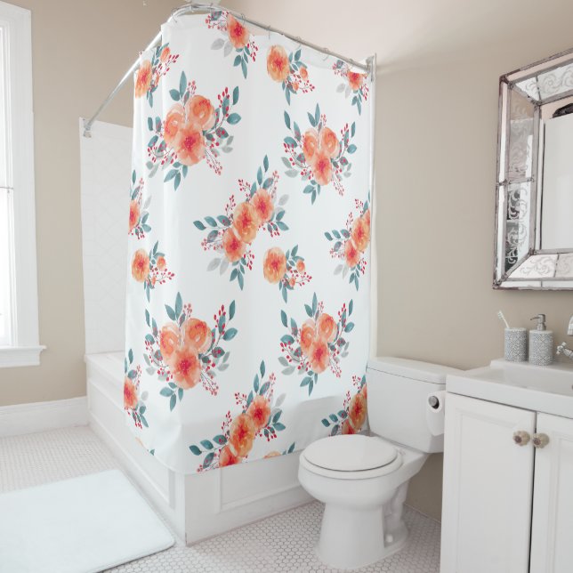 Rideaux De Douche Pêche élégante et floral vert (En situation)