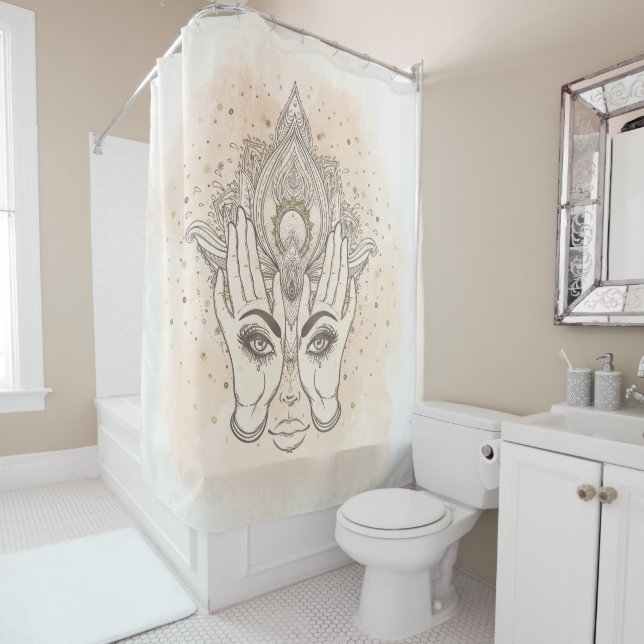 Rideaux De Douche Pêche & Or Boho Lotus Flower Beauté (En situation)