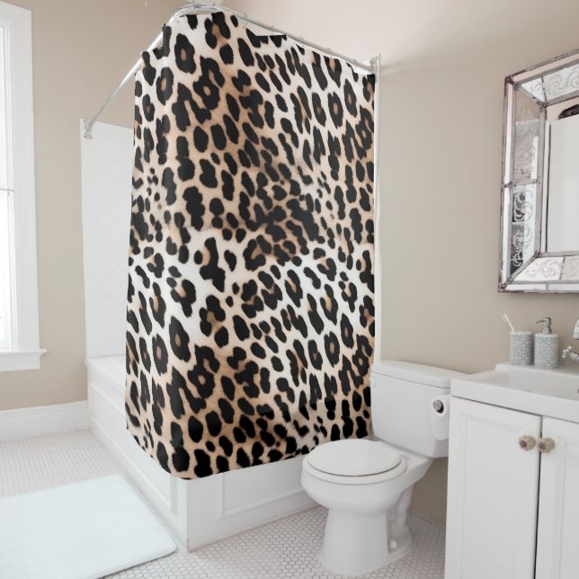 Rideaux De Douche Pêcher Crème noire Leopard animal (En situation)