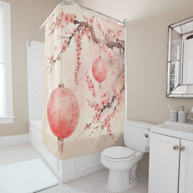 Rideaux De Douche Pêcher lanternes japonaises Les fleurs de Sakura (En situation)