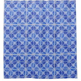 Rideaux De Douche Peint à la main Marocain Vintage Bleu Carrelage bl