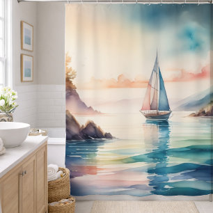 Rideaux De Douche Peinture à l'aquarelle Voilier sur l'eau
