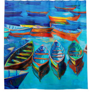 Rideaux De Douche peinture à l'huile de bateaux et mer sur toile. C