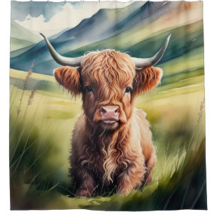 Rideaux De Douche Peinture aquarelle Bébé Highland Cow assise