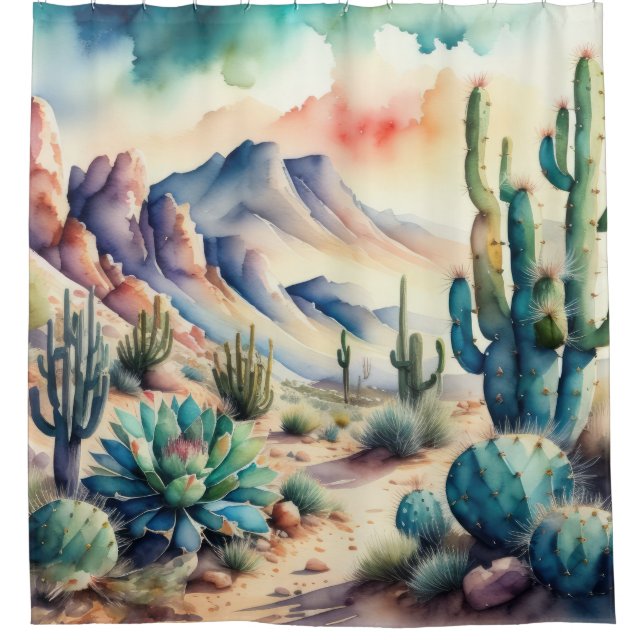 Rideaux De Douche Peinture aquarelle du désert du paysage rural (Devant)