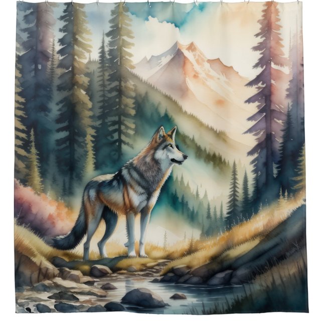 Rideaux De Douche Peinture aquarelle du loup en forêt (Devant)