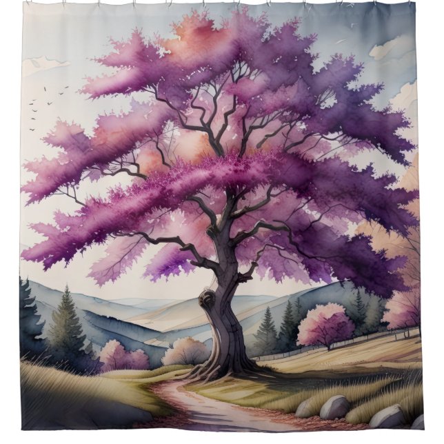 Rideaux De Douche Peinture aquarelle d'un grand arbre à feuilles vio (Devant)