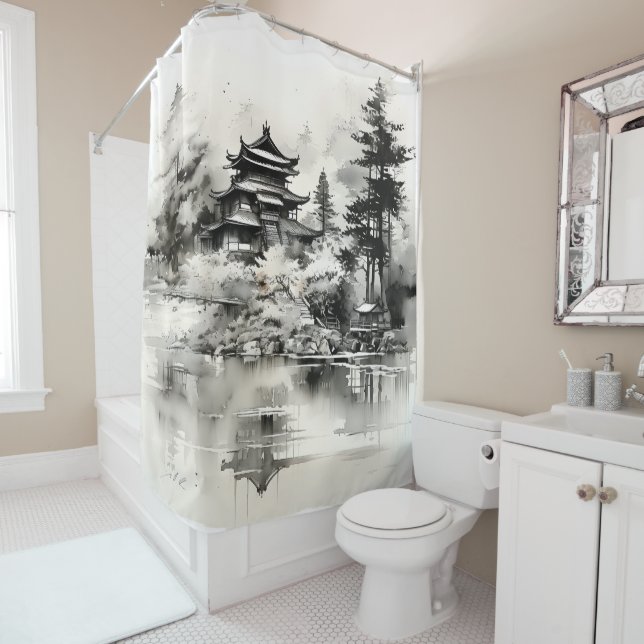 Rideaux De Douche Peinture asiatique à l'encre de maison (En situation)