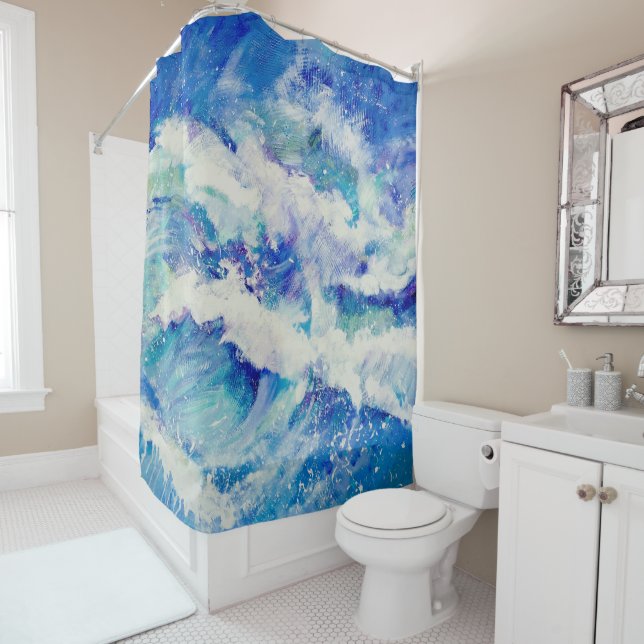 Rideaux De Douche Peinture Bleue des vagues de l'océan (En situation)