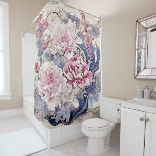 Rideaux De Douche Peinture Chinoiserie Peony en rose et bleu