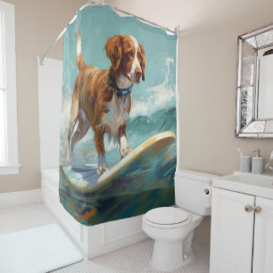 Rideaux De Douche Peinture de Brittany Spaniel faisant du surf sur l
