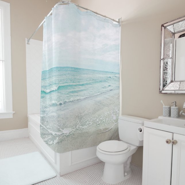 Rideaux De Douche Peinture Ocean Waves Aqua Aquarelle bleu clair (En situation)