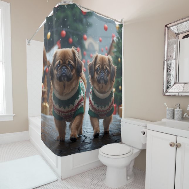 Rideaux De Douche Pekingese Dogs Christmas Snow Holiday (En situation)