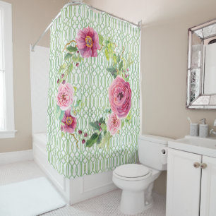 Rideaux De Douche Peony Garden Trellis Boho Wreath Rose Aquarelle
