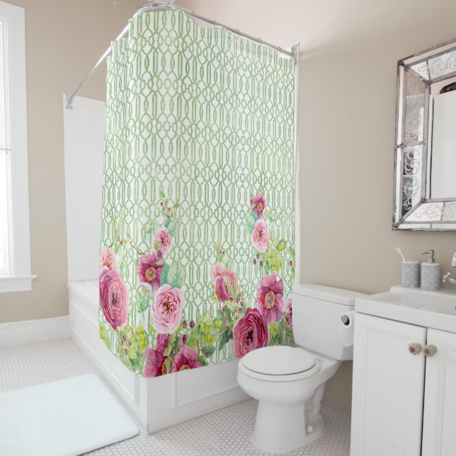 Rideaux De Douche Peony Garden Trellis rose Bourgogne Rose Aquarelle (En situation)