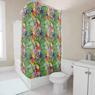 Rideaux De Douche Perroquets de couleurs vives et fleurs tropicales
