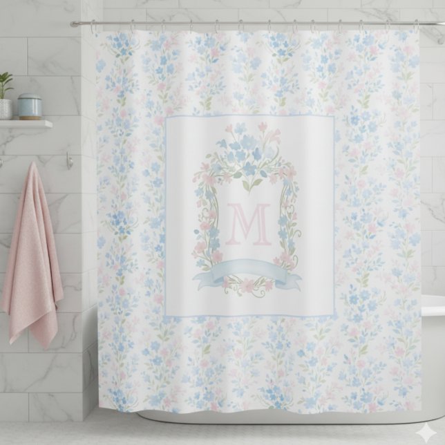 Rideaux De Douche Personalized Floral Monogram Shower Curtain (elegant girly preppy grandmillennial floral crest shower curtain with custom monogram initial)