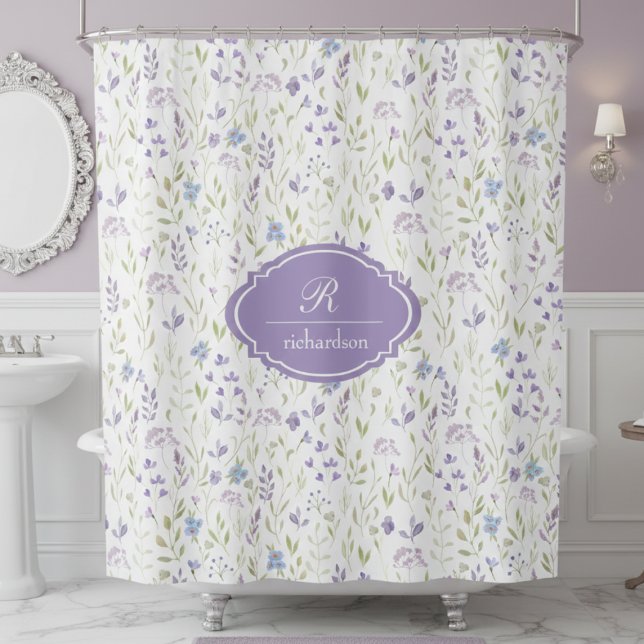 Rideaux De Douche Personalized Purple Floral Monogram (purple wildflower floral meadow garden shower curtain with custom monogram name and initial)