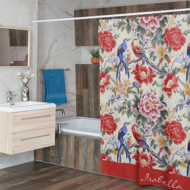 Rideaux De Douche Personnalisé Chinoiserie Asiatique Floral Rose Ble (Créateur téléchargé)