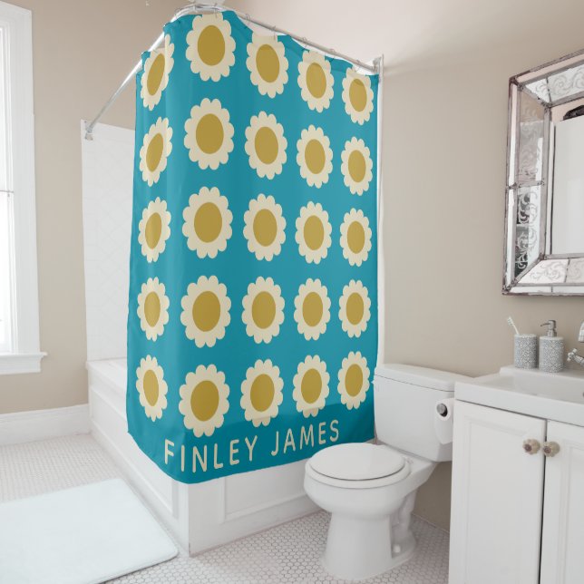 Rideaux De Douche Personnalisé Retro Daisy Motif Vibrant Turquoise B (En situation)