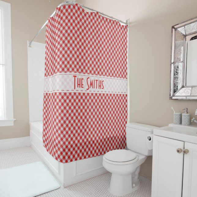 Rideaux De Douche Personnalisez:  Motif de diagonale rouge En vichy  (En situation)