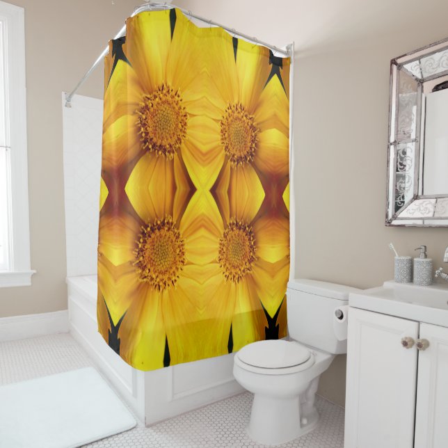 Rideaux De Douche Pétales Fleurs Jaunes Et Motif Centre (En situation)