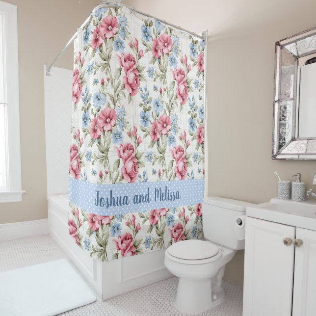 Rideaux De Douche Petunias roses et Sky Blue Daisies - Pois (En situation)
