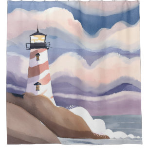 Rideaux De Douche Phare de bord de mer Peinture d'océan à l'aquare