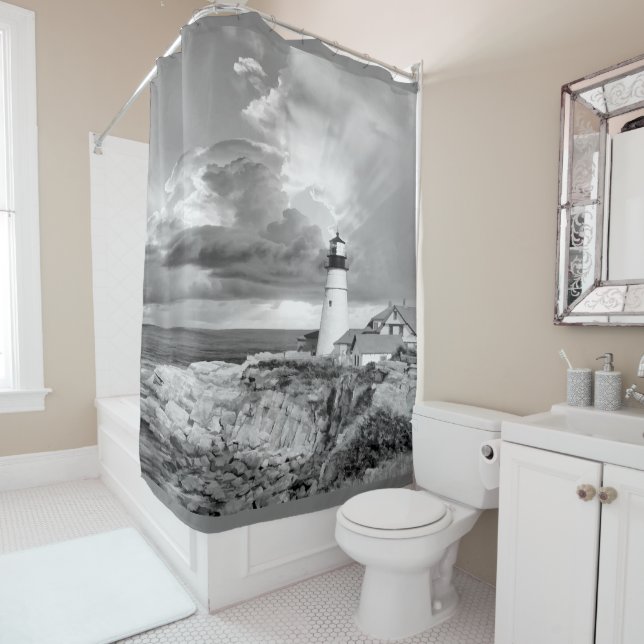 Rideaux De Douche Phare noir, blanc et gris montrant belle (En situation)