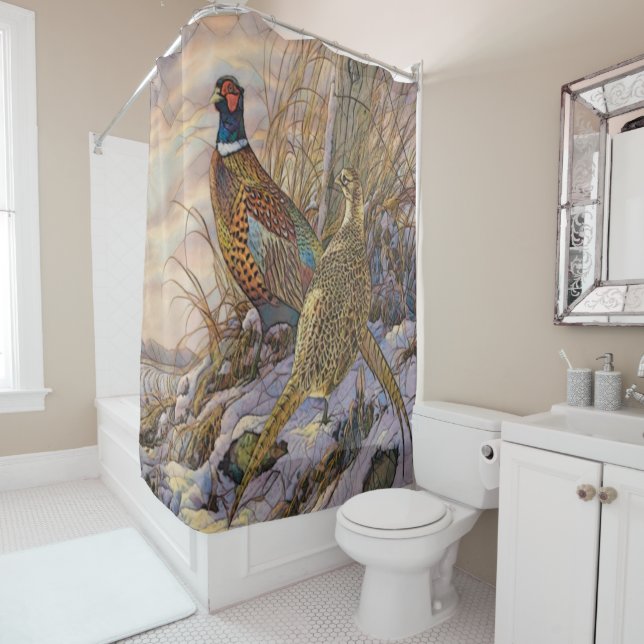 Rideaux De Douche Pheasestry Poster Triptych Button Porte - clé (En situation)