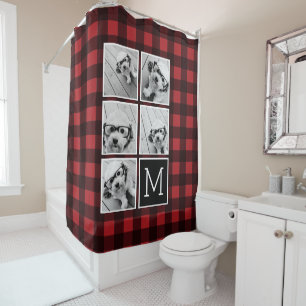 Rideaux De Douche Photo Collage - Monogramme Rouge Buffle Noir Plaid