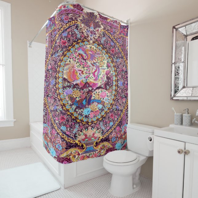 Rideaux De Douche Pic de fleurs florales bleu or violet (En situation)