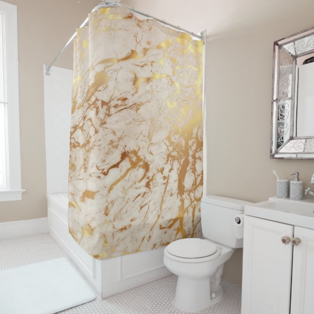 Rideaux De Douche Pierre de marbre Abstrait crémeux Carrara Gold Lux (En situation)