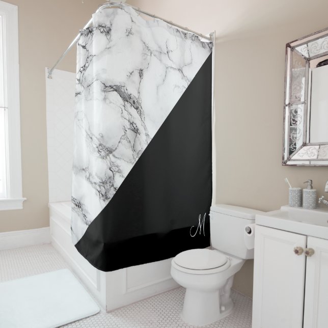 Rideaux De Douche Pierre de Marbre blanc monogramme (En situation)