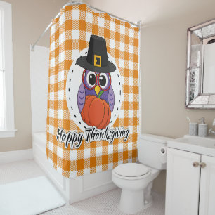 Rideaux De Douche Pilgrim owl on Orange Plaid - Happy Thanksgiving