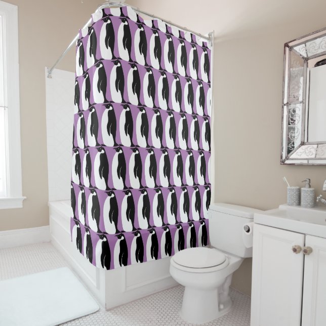 Rideaux De Douche Pingouin Motif violet noir blanc (En situation)