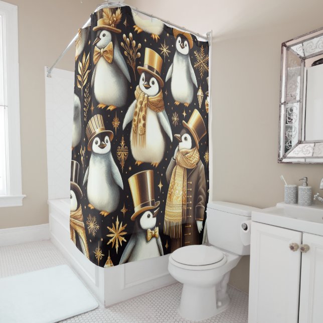 Rideaux De Douche Pingouin noir et doré (En situation)